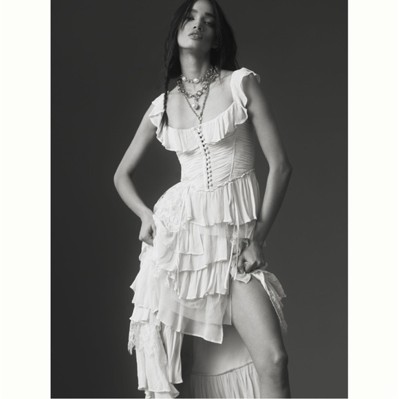 Anthropologie Cream Ruffled Off-Shoulder Tiered Dress - Picture 3 of 15